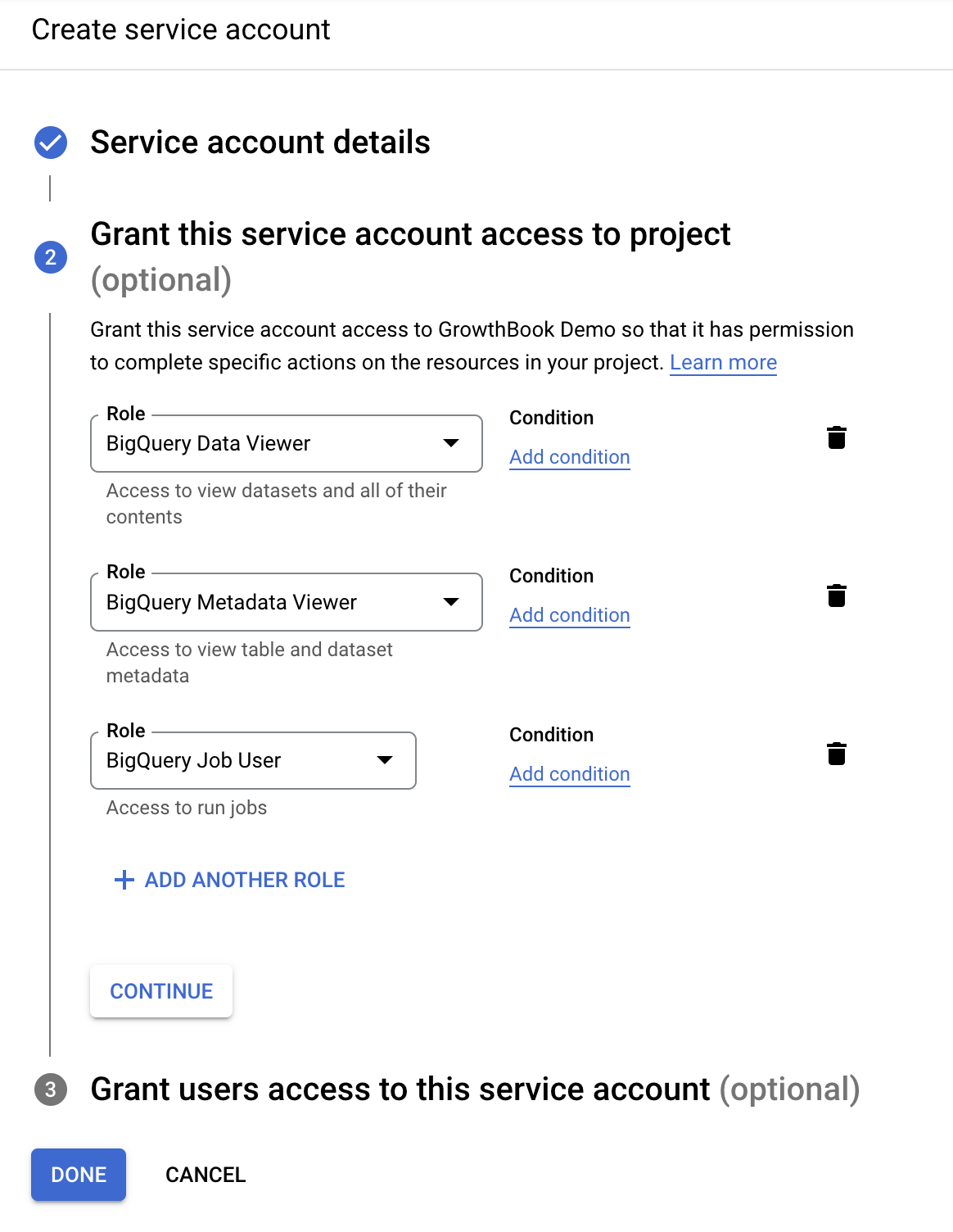 Create a new service account in BigQuery